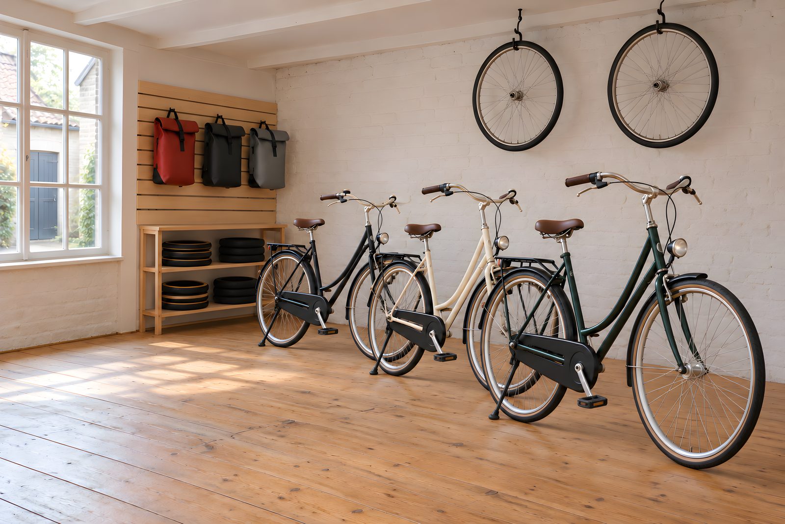 Kleiner Fahrradladen mit Holzdielen: drei Hollandräder in einer Reihe, Laufräder an der Wand, Reifen im Regal