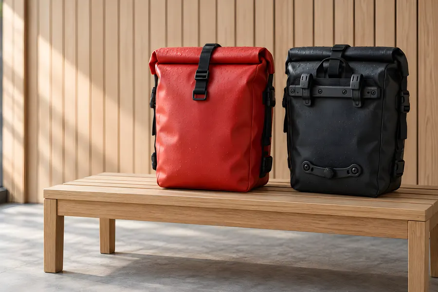 Zwei wasserdichte Rollverschluss-Taschen in Rot und Schwarz auf einer Holzbank